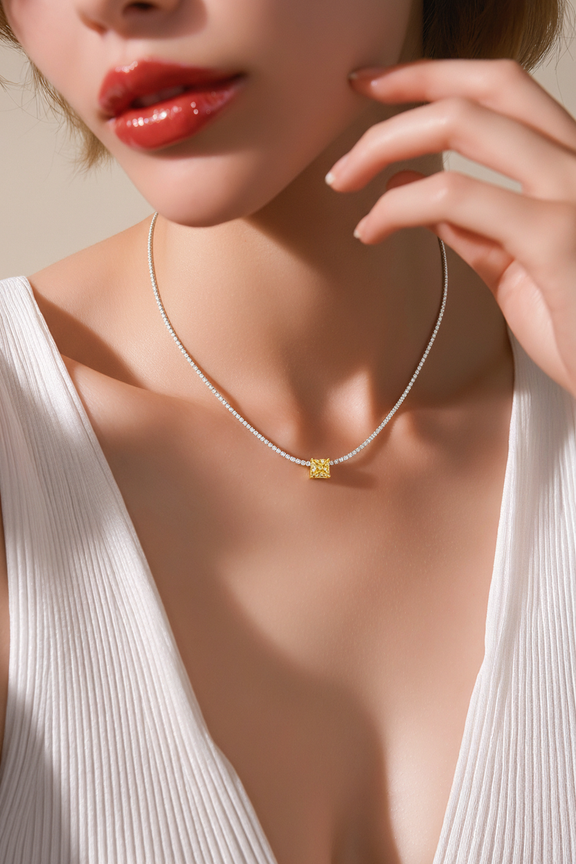 Colar riviera com fancy yellow emerald cut de 2 quilates