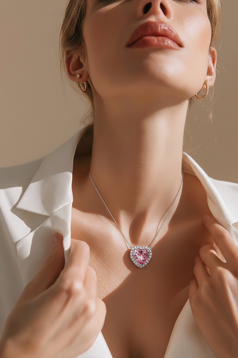 Colar de safira rosa laboratório de 10 quilates com moissanite de 30 pontos em volta.