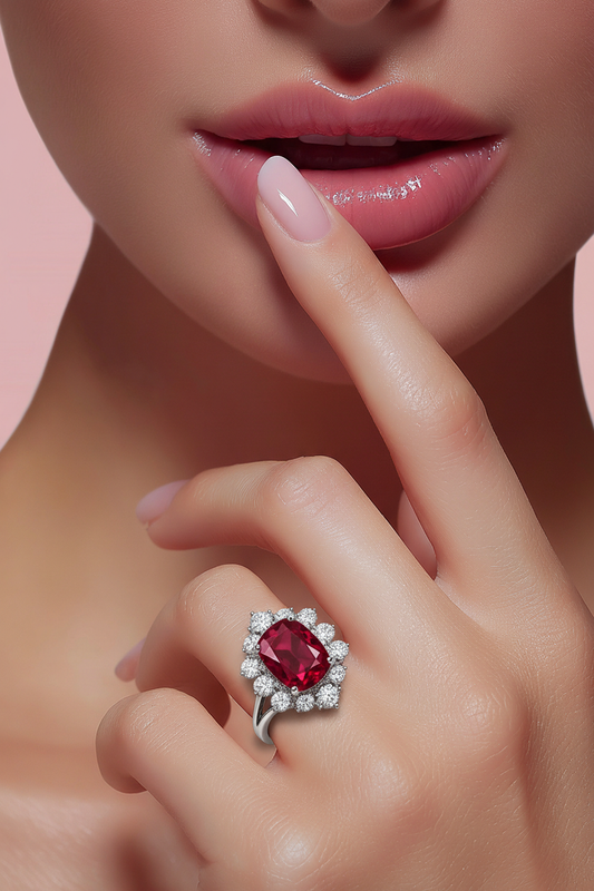 Anel Rubi, anel com pedra de rubi lab envolto em moissanites degrade