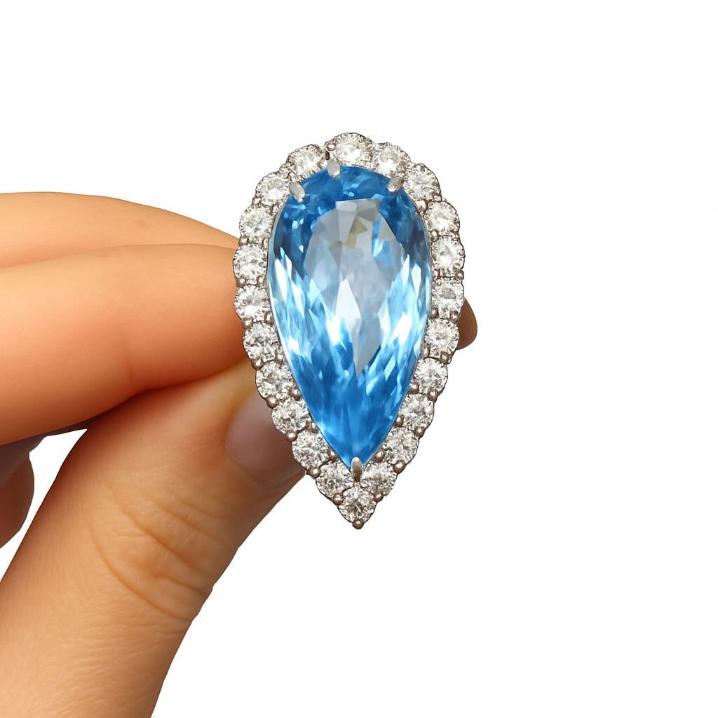 Anel de 15 quilates de topázio azul envolto em moissanite branca de 10 pontos.